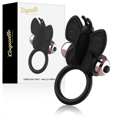 COQUETTE CHIC DESIRE - ANEL BORBOLETA COM VIBRADOR PRETO/ OURO - D-225737 - Dona Pimenta