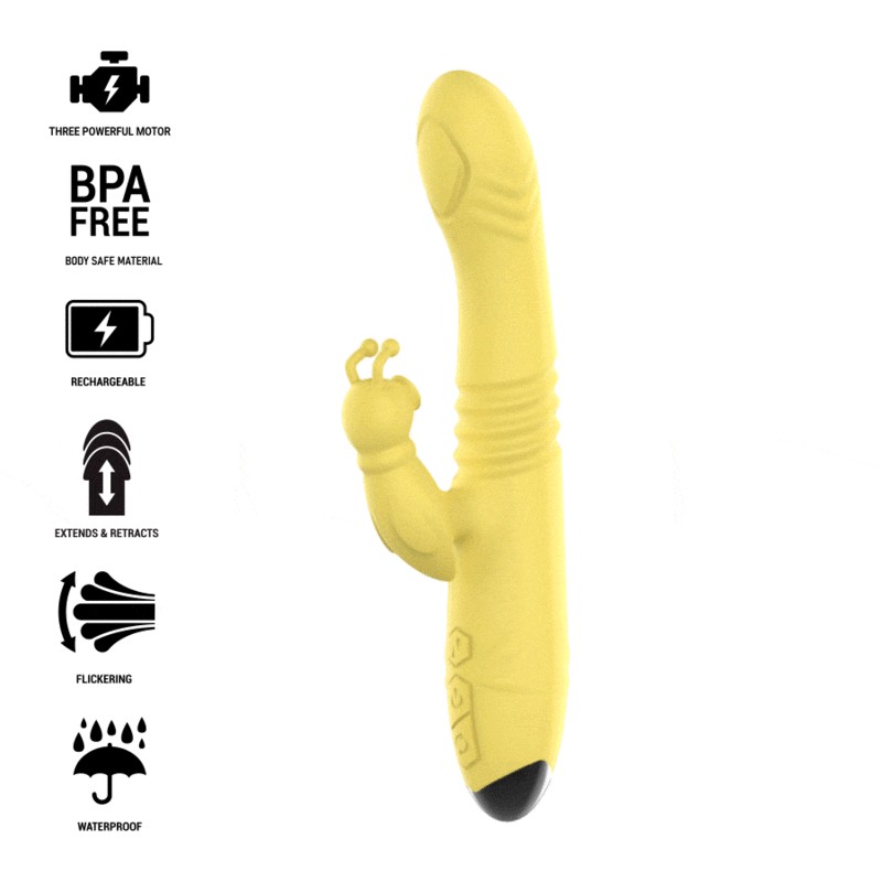 INTENSO - VIBRADOR MULTIFUNÇÃO TOKY PARA CIMA E PARA BAIXO COM ESTIMULADOR CLITÓRICO AMARELO - D-235824 - Dona Pimenta