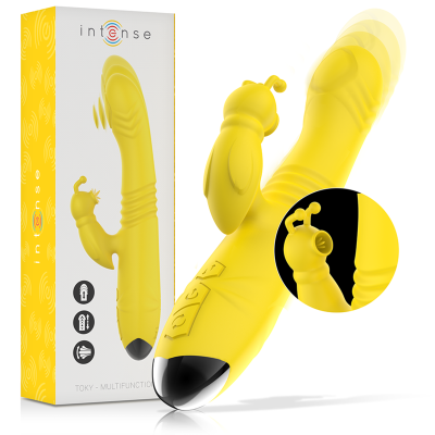 INTENSO - VIBRADOR MULTIFUNÇÃO TOKY PARA CIMA E PARA BAIXO COM ESTIMULADOR CLITÓRICO AMARELO - D-235824 - Dona Pimenta