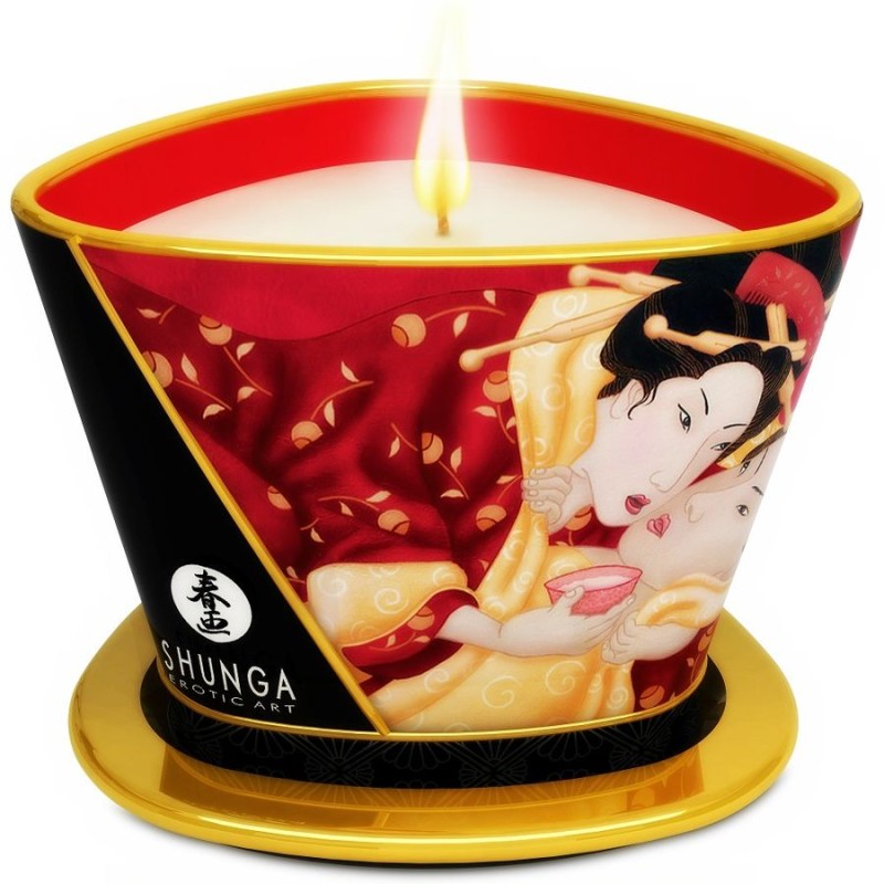 SHUNGA - MINI CARESS POR CANDELIGHT MORANGOS E VELA DE MASSAGEM CAVA 170 ML - D-202771 - Dona Pimenta