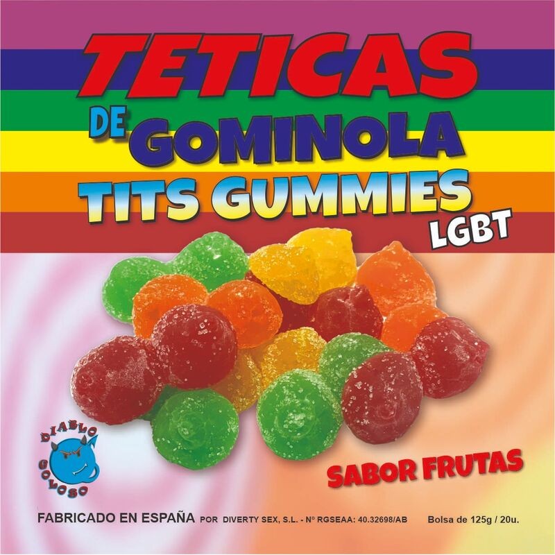 DIABLO GOLOSO - CAIXA DE GOMAS COM AÇÚCAR PEITOS SABOR FRUTAS 6 CORES E SABORES LGBT MADE IS SPAIN /es/pt/en/fr/it/ - D-234678 -