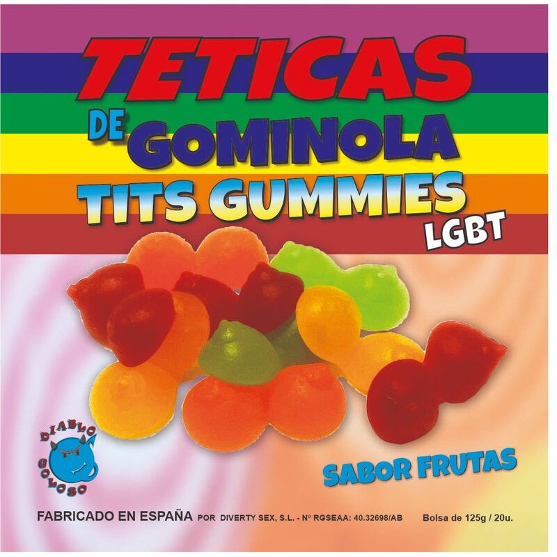 DIABLO GOLOSO - FRUIT SABOR GLITTER TITS GUMMY BOX 6 CORES E SABORES LGBT MADE IS SPAIN /es/pt/en/fr/it/ - D-234679 - Dona Pimen