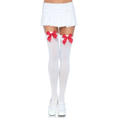 LEG AVENUE NYLON COXAS COM LAÇO BRANCO / VERMELHO - D-210560 - Dona Pimenta