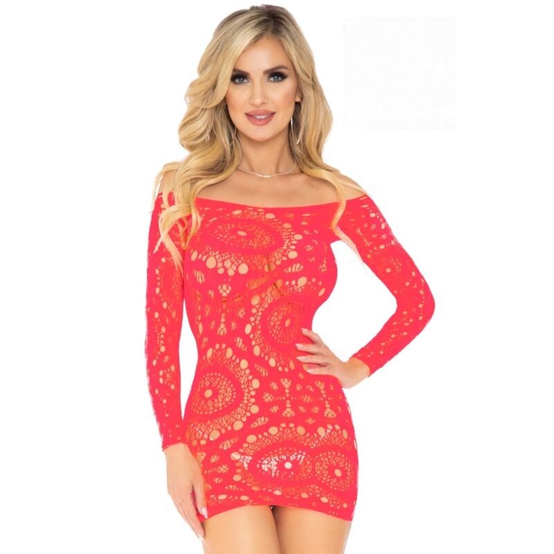 LEG AVENUE CROCHÊ RENDA MANGA LONGA MINI VESTIDO CORAL TAMANHO ÚNICO - D-225533 - Dona Pimenta