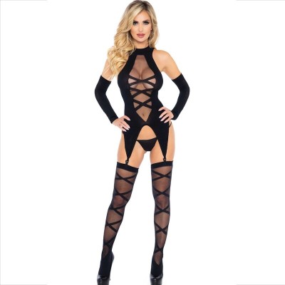 LEG AVENUE - CONJUNTO 3 PEÇAS CORPO + MEIAS + MANGAS - D-237725 - Dona Pimenta