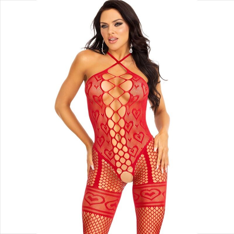 LEG AVENUE - BODYSTOCKING NECK HALTER RED HEARTS RED - D-237740 - Dona Pimenta