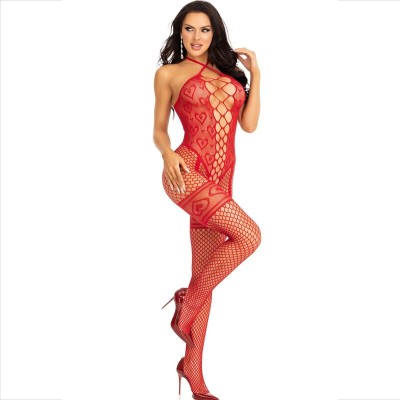 LEG AVENUE - BODYSTOCKING NECK HALTER RED HEARTS RED - D-237740 - Dona Pimenta