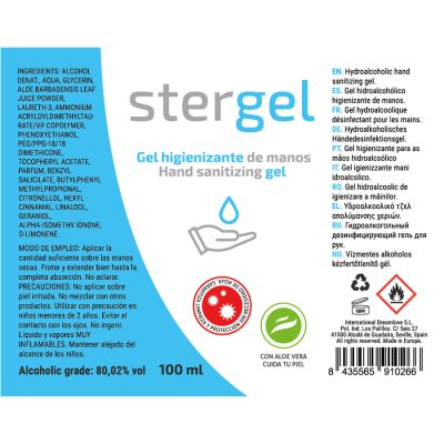 STERGEL - GEL HIDROALCOÓLICO DESINFETANTE DE MÃOS ALOE VERA 100ML - D-223883 - Dona Pimenta