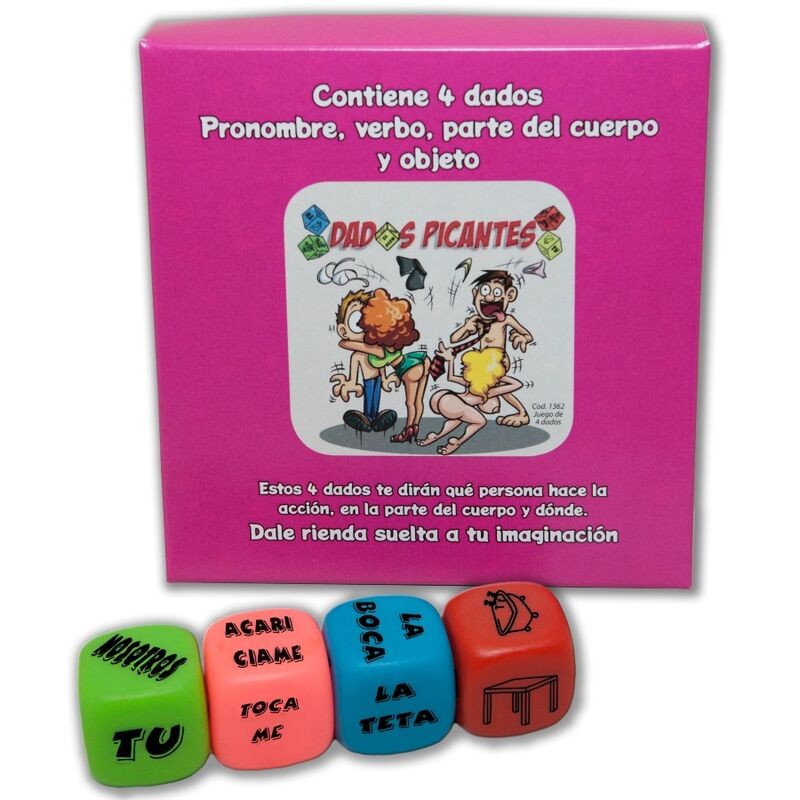 DIABLO PICANTE - JOGO DE 4 DADOS DE PRONOUN, VERBO, PARTE DO CORPO E LUGAR - D-230211 - Dona Pimenta