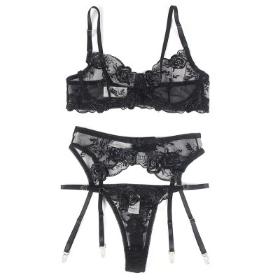 SUBBLIME - CONJUNTO DE 3 PEAS SUTI + TANGA + LIGA ESTAMPADO FLORAL PRETO S/M - D-239313 - Dona Pimenta