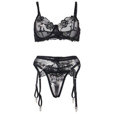 SUBBLIME - CONJUNTO DE 3 PEAS SUTI + TANGA + LIGA ESTAMPADO FLORAL PRETO S/M - D-239313 - Dona Pimenta