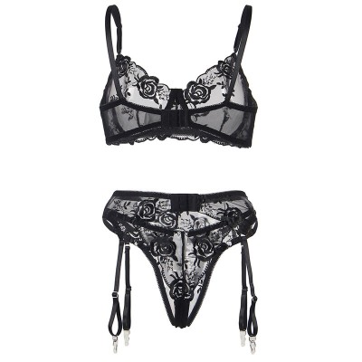 SUBBLIME - CONJUNTO DE 3 PEAS SUTI + TANGA + LIGA ESTAMPADO FLORAL PRETO S/M - D-239313 - Dona Pimenta