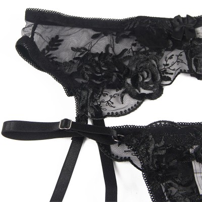 SUBBLIME - CONJUNTO DE 3 PEAS SUTI + TANGA + LIGA ESTAMPADO FLORAL PRETO S/M - D-239313 - Dona Pimenta