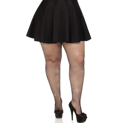 LEG AVENUE - MEIAS DE MALHA CRISTALIZADA PRETAS PLUS SIZE - D-240010 - Dona Pimenta