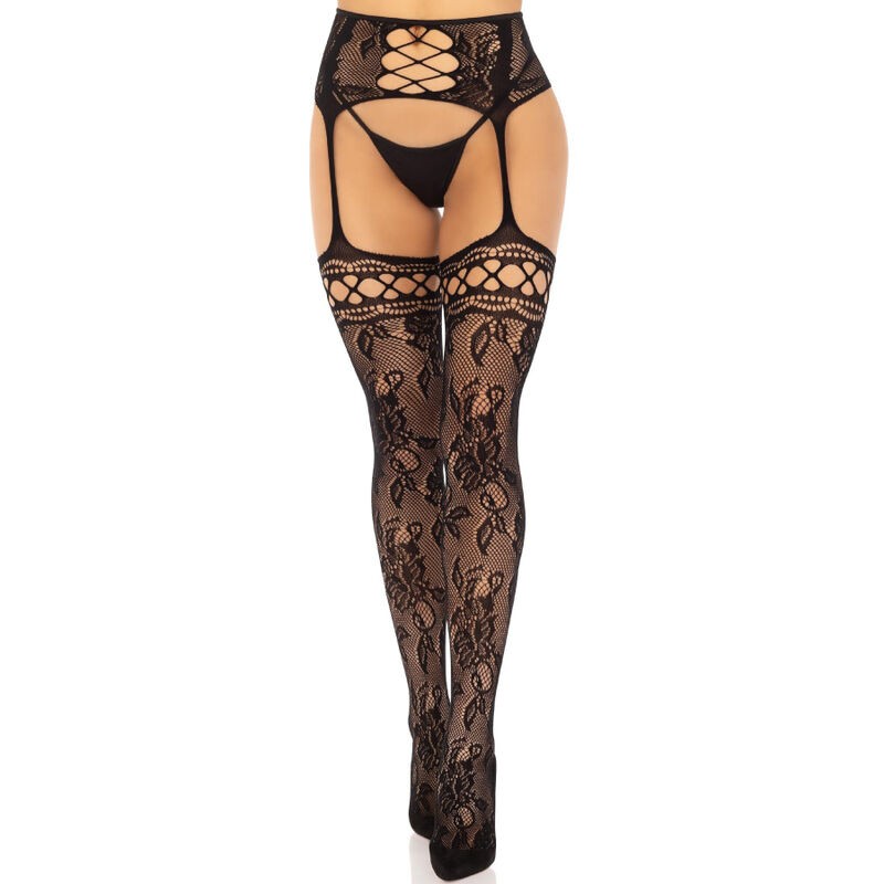 LEG AVENUE - MEIAS DE LIGA DE RENDA FLORAL PRETAS - D-240012 - Dona Pimenta