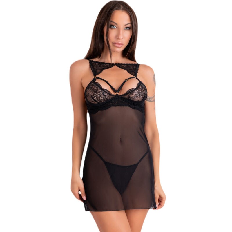 LIVCO CORSETTI FASHION - KROLINA LC 90734 CHEMISE + TANGA PRETA S/M - D-241229 - Dona Pimenta