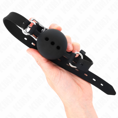 KINK - MORDAÇA COMPLETA DE SILICONE 55 x 2 CM COM BOLA DE 4,5 CM TAMANHO M PRETO AJUSTÁVEL 35-51 CM - D-240815 - Dona Pimenta