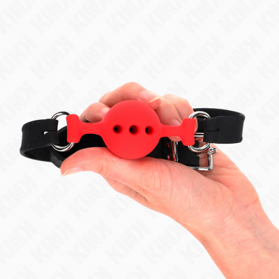 KINK - MORDAÇA COMPLETA DE SILICONE 55 x 2 CM COM BOLA DE 4 CM TAMANHO S VERMELHO AJUSTÁVEL 35-51 CM - D-240817 - Dona Pimenta