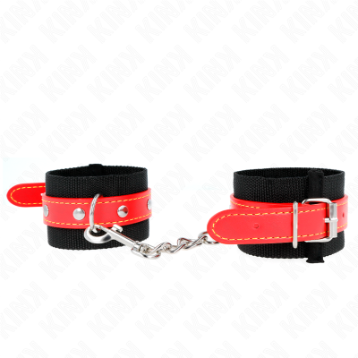 KINK - PUNHOS DE NYLON PRETO COM COURO VERMELHO AJUSTÁVEIS 19-24 CM X 5,5 CM - D-241040 - Dona Pimenta