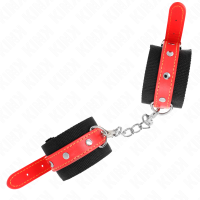 KINK - PUNHOS DE NYLON PRETO COM COURO VERMELHO AJUSTÁVEIS 19-24 CM X 5,5 CM - D-241040 - Dona Pimenta