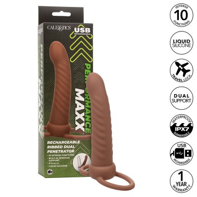 CALEXOTICS - MAXX RIBBED DUAL PENETRATOR 10 VIBRAÇÕES MARROM - D-241456 - Dona Pimenta