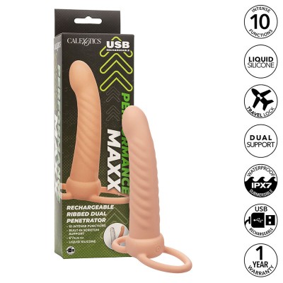 CALEXOTICS - MAXX RIBBED DUAL PENETRATOR 10 VIBRAÇÕES CARNE - D-241457 - Dona Pimenta