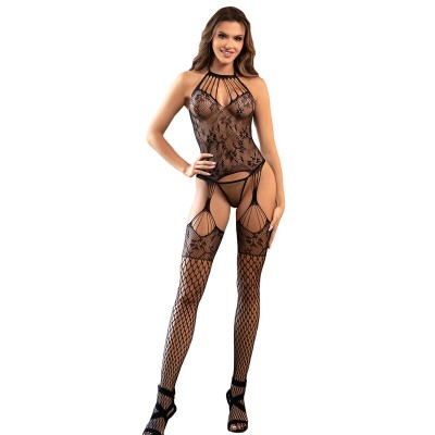 SUBBLIME - 952136 BODYSTOCKING SEM FUNDO DE REDE COM DETALHES FLORAIS E DECOTE HALTER PRETO TAMANHO ÃNICO - D-241362 - Dona Pime