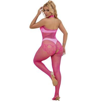 SUBBLIME - 952389 BODYSTOCKING SEM FUNDO DE REDE E RENDA COM GOLA ALTA ROSA TAMANHO ÃNICO - D-241387 - Dona Pimenta