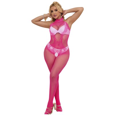 SUBBLIME - 952389 BODYSTOCKING SEM FUNDO DE REDE E RENDA COM GOLA ALTA ROSA TAMANHO ÃNICO - D-241387 - Dona Pimenta