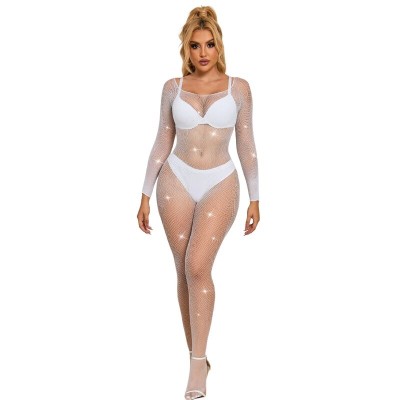 SUBBLIME - 952396 BODYSTOCKING DE REDE COM DIAMANTES MANGA COMPRIDA BRANCO TAMANHO ÃNICO - D-241388 - Dona Pimenta