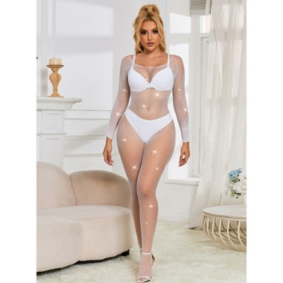 SUBBLIME - 952396 BODYSTOCKING DE REDE COM DIAMANTES MANGA COMPRIDA BRANCO TAMANHO ÃNICO - D-241388 - Dona Pimenta