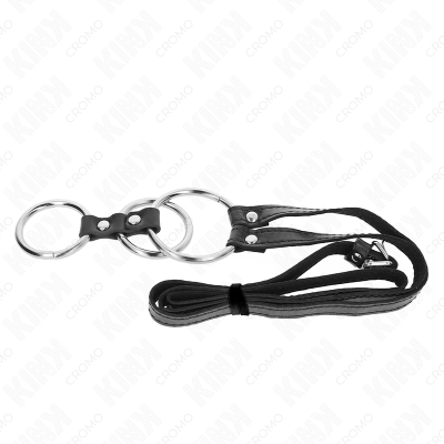 KINK - ANEL DE PÉNIS TRIPLO DE METAL 3,8 CM A 5 CM COM CINTO DE COURO 112 CM - D-241240 - Dona Pimenta