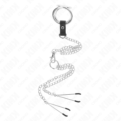 KINK - ANEL DE PÉNIS DE METAL TRIPLO CROMADO DE 3 CM A 4,5 CM COM CORRENTE DE METAL DE 26 CM E CLIPES DE MAMILO - D-241267 - Don