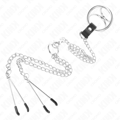 KINK - ANEL DE PÉNIS DE METAL TRIPLO CROMADO DE 3 CM A 4,5 CM COM CORRENTE DE METAL DE 26 CM E CLIPES DE MAMILO - D-241267 - Don