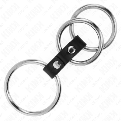 KINK - ANEL DE PÉNIS TRIPLO DE METAL DE 3,7 CM A 5 CM CONECTADO COM COURO - D-241286 - Dona Pimenta