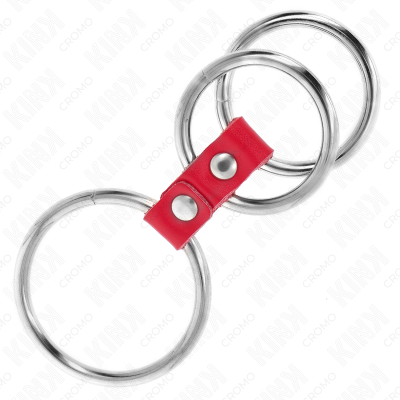 KINK - ANEL DE PÉNIS TRIPLO DE METAL DE 3,7 CM A 5 CM CONECTADO COM COURO VERMELHO - D-241287 - Dona Pimenta