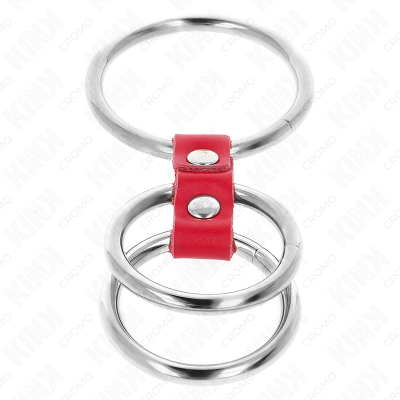 KINK - ANEL DE PÉNIS TRIPLO DE METAL DE 3,7 CM A 5 CM CONECTADO COM COURO VERMELHO - D-241287 - Dona Pimenta