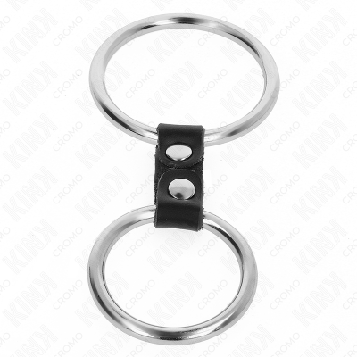 KINK - ANEL DE PÃNIS DUPLO DE METAL 3,7 CM A 5 CM CONECTADO POR TIRA DE COURO MODELO 2 - D-241289 - Dona Pimenta