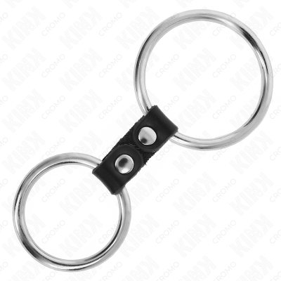 KINK - ANEL DE PÃNIS DUPLO DE METAL 3,7 CM A 5 CM CONECTADO POR TIRA DE COURO MODELO 2 - D-241289 - Dona Pimenta