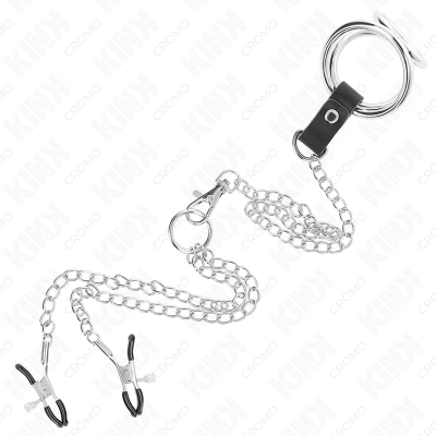 KINK - ANEL DE PÉNIS TRIPLO DE METAL CROMADO DE 3,8 CM A 5 CM COM CORRENTE DE METAL DE 26 CM E GRAMPOS DE MAMILOS MODELO 1 - D-2