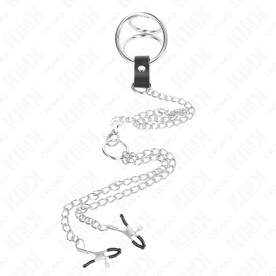 KINK - ANEL DE PÉNIS DE METAL TRIPLO CROMADO DE 3 CM A 4,5 CM COM CORRENTE DE METAL DE 26 CM E CLIPES DE MAMILO - D-241296 - Don