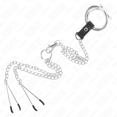 KINK - ANEL DE PÉNIS TRIPLO DE METAL CROMADO DE 3,8 CM A 5 CM COM CORRENTE DE METAL DE 26 CM E GRAMPOS DE MAMILOS MODELO 2 - D-2