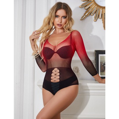 SUBBLIME - 952259 BODYSTOCKING DE REDE ELSTICA DE MANGA LONGA COM DEGRADÃ VERMELHO E PRETO TAMANHO ÚNICO - D-241374 - Dona Pimen