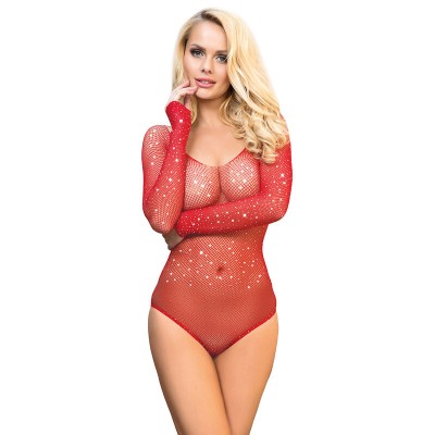 SUBBLIME - 952303 BODYSTOCKING GRILL BRILHANTE COM OMBROS ABERTOS MANGA LONGA VERMELHO TAMANHO ÚNICO - D-241379 - Dona Pimenta