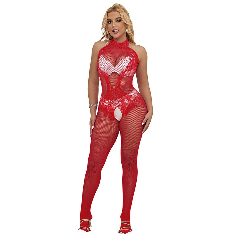 SUBBLIME - 952372 BODYSTOCKING SEM FUNDO DE REDE E RENDA COM GOLA ALTA VERMELHO TAMANHO ÚNICO - D-241386 - Dona Pimenta