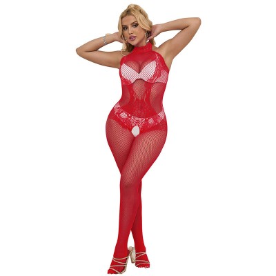 SUBBLIME - 952372 BODYSTOCKING SEM FUNDO DE REDE E RENDA COM GOLA ALTA VERMELHO TAMANHO ÚNICO - D-241386 - Dona Pimenta