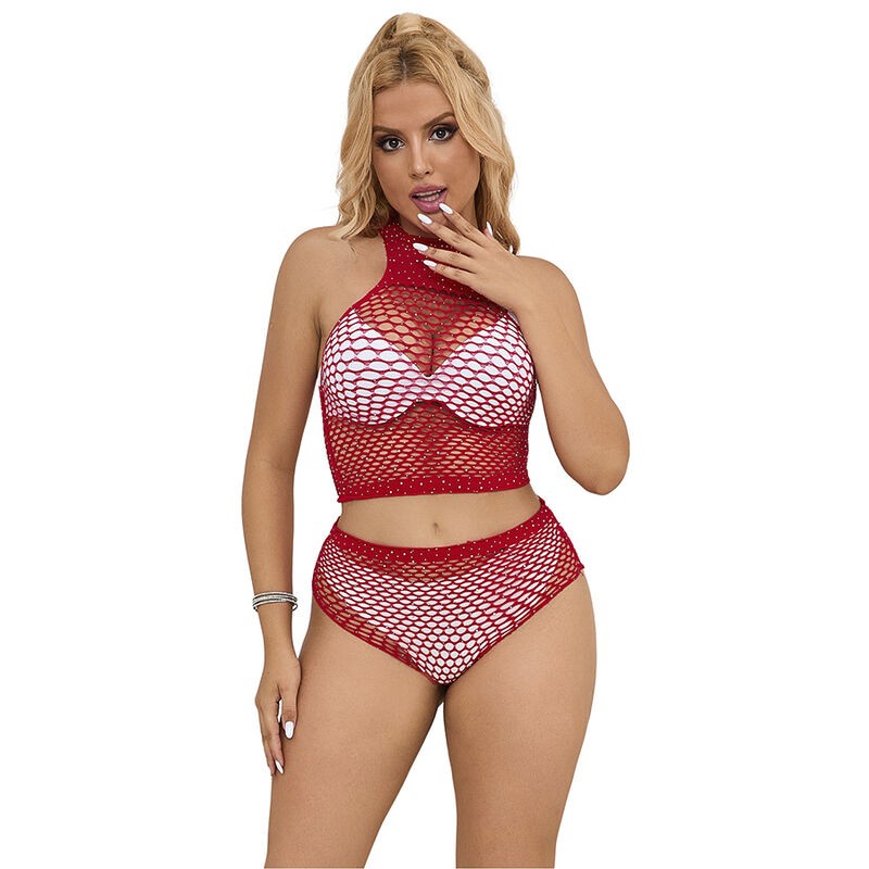 SUBBLIME - 952402 BODYSTOCKING FISHNET SET COM DIAMANTES ROSA TAMANHO ÚNICO - D-241389 - Dona Pimenta