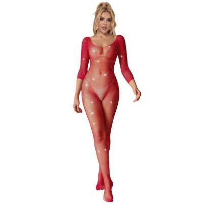 SUBBLIME - 952419 BODYSTOCKING DE REDE COM DIAMANTES MANGA COMPRIDA VERMELHO TAMANHO ÚNICO - D-241390 - Dona Pimenta