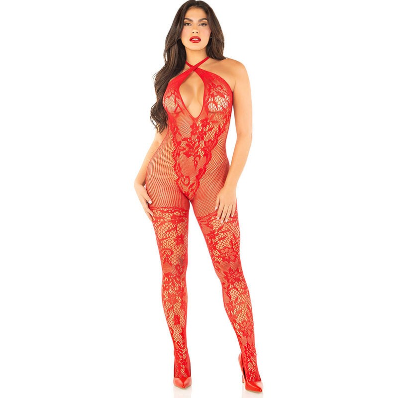 LEG AVENUE - BODYSTOCKING DE MALHA COM ESTAMPA DE FLORES VERMELHO TAMANHO ÚNICO - D-242032 - Dona Pimenta