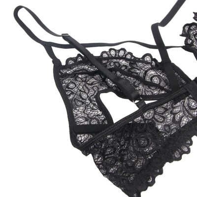 BRUMA SECRET - RAQUEL CONJUNTO TANGA ALTA E SUTI COM ABERTURA EM RENDA PRETO M/L - D-238519 - Dona Pimenta